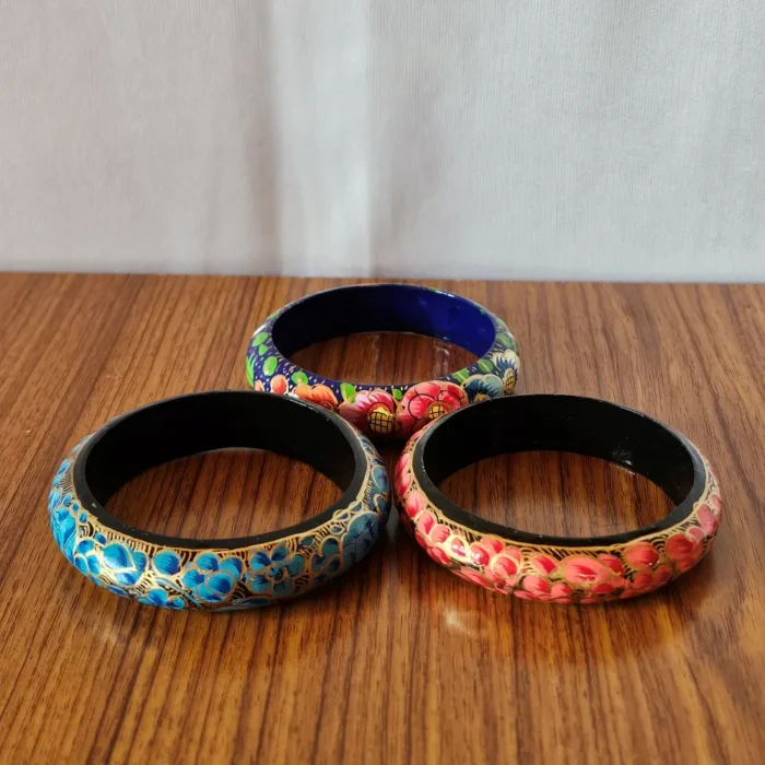 Set of 3 Kashmiri Paper Machie Bangles – Handpainted Floral Details - Image 5