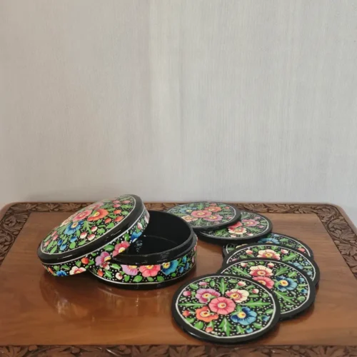 Kashmiri Black Paper Machie Round Coaster Box