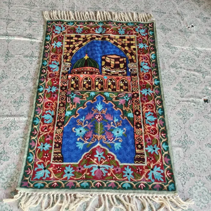 Hand Chain Stitch Embroidered Prayer Mat in Dusooty Cotton from Kashmir - Image 2