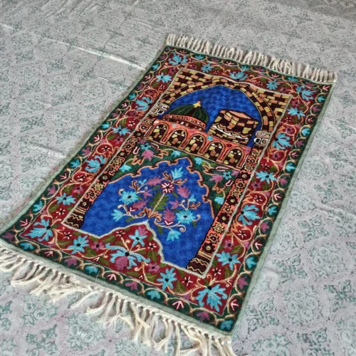 Hand Chain Stitch Embroidered Prayer Mat in Dusooty Cotton from Kashmir (3.5 X 2 ft)
