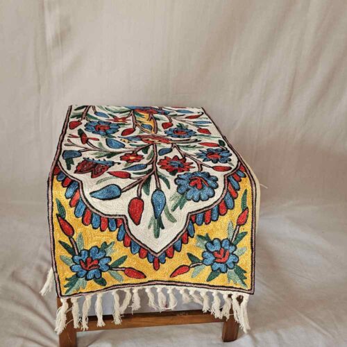 Traditional Kashmiri Bedside Runner in Dusooty Cotton with Chain Stitch Embroidery (5×1 ft)