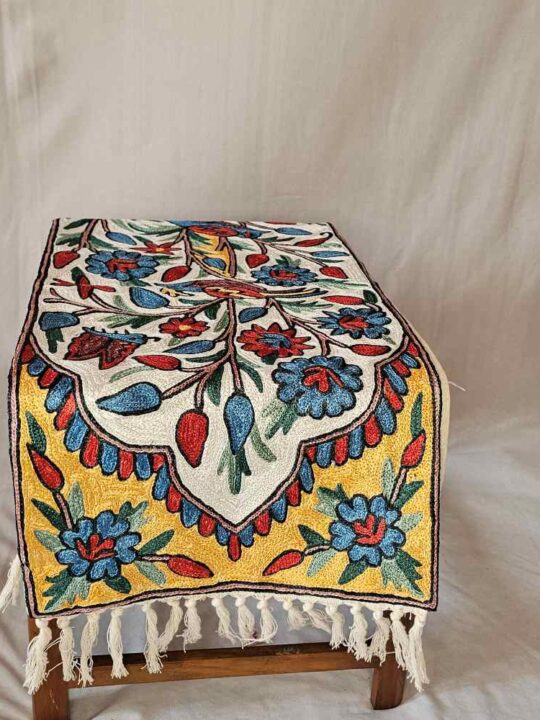 Traditional Kashmiri Bedside Runner in Dusooty Cotton with Chain Stitch Embroidery (5×1 ft)