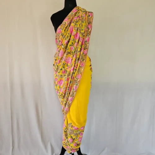 Yellow Kashmiri Chinar Saree with Multi Aari Work | Lal Bazaar