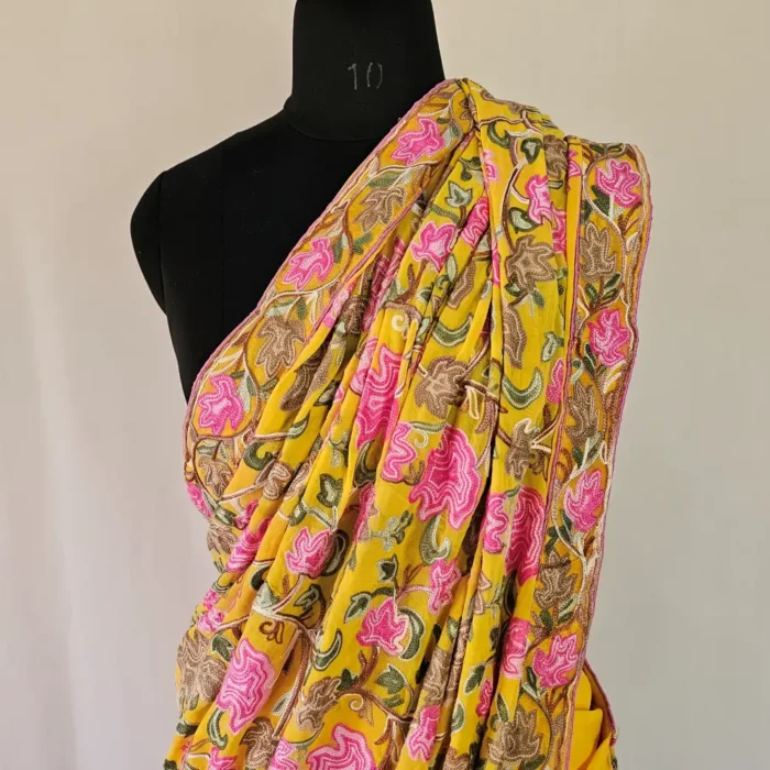 Yellow Kashmiri Chinar Saree with Multi Aari Work | Lal Bazaar - Image 2