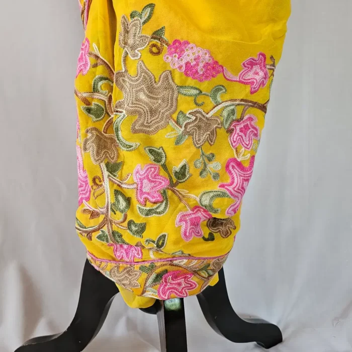 Yellow Kashmiri Chinar Saree with Multi Aari Work | Lal Bazaar - Image 3