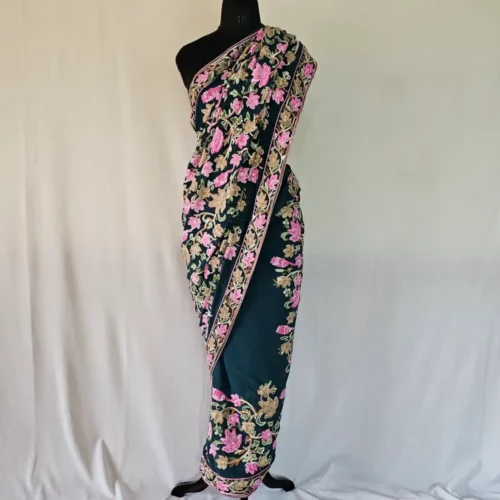 Kashmiri Dark Green Chinar Saree with Multi Aari Work | Lal Bazaar
