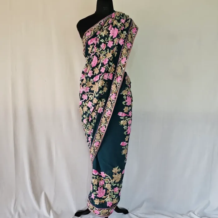 Kashmiri Dark Green Chinar Saree with Multi Aari Work | Lal Bazaar