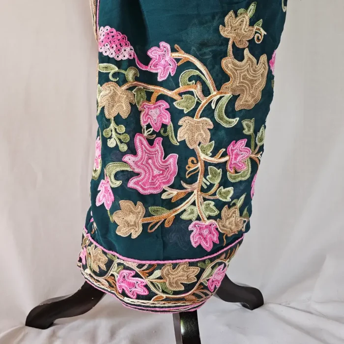 Kashmiri Dark Green Chinar Saree with Multi Aari Work | Lal Bazaar - Image 3
