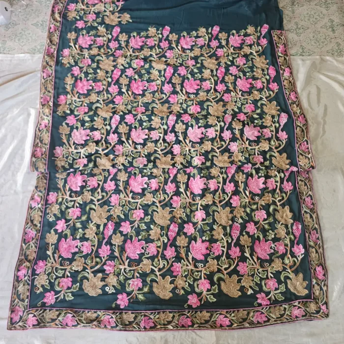 Kashmiri Dark Green Chinar Saree with Multi Aari Work | Lal Bazaar - Image 5
