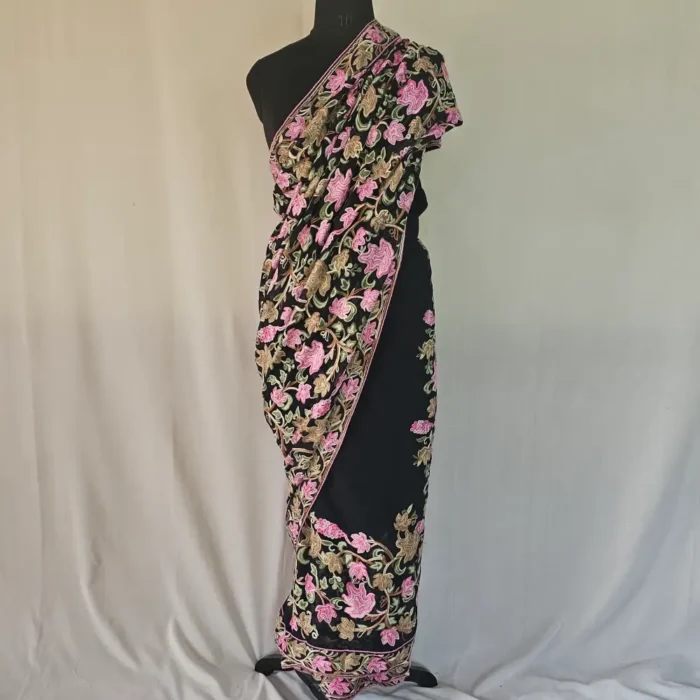 Kashmiri Dark Indigo Blue Chinar Saree with Multi Aari Work | Lal Bazaar
