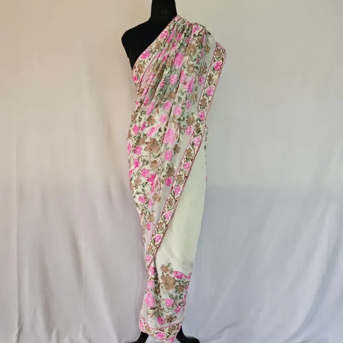 Kashmiri Creamy Chinar Saree with Multi Aari Work | Lal Bazaar | Lal Bazaar