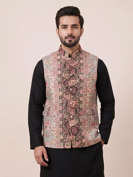 Kashmiri Men Kani Cream Jacket | Waist Coat - Lal Bazaar Collection