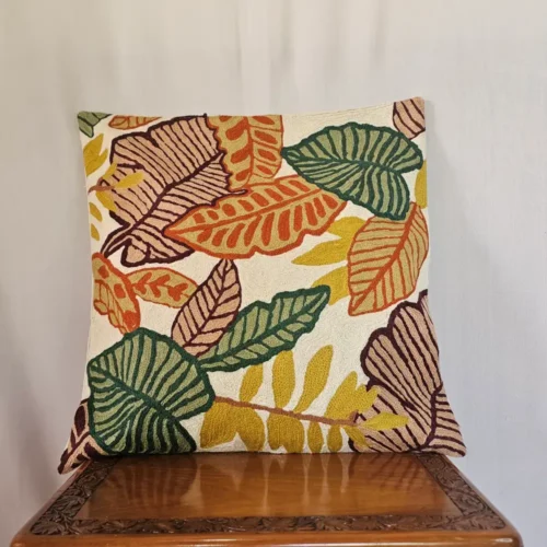 Dusoot Cotton Cushion Covers Pair with Wool Chain Stitch Embroidery (18x18)