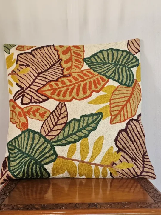 Dusoot Cotton Cushion Covers Pair with Wool Chain Stitch Embroidery (18x18)