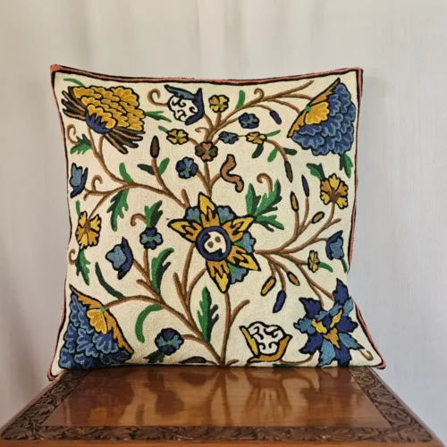 Kashmiri White Dusoot Cotton Cushion Covers (Set of 2) - Chain Stitch (18x18)
