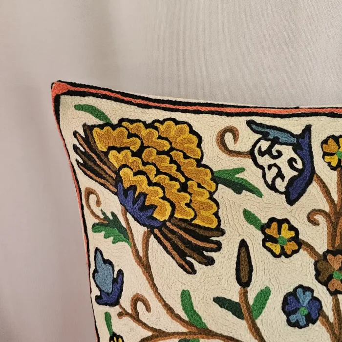 Kashmiri White Dusoot Cotton Cushion Covers (Set of 2) - Pastel Thread Chain Stitch - Image 2