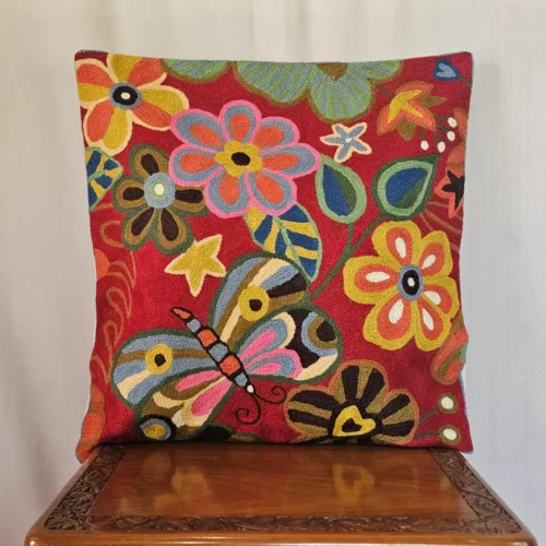 Set of 2 Kashmiri Maroon Dusoot Cotton Cushion Covers - Hand Chain Stitch (18x18)