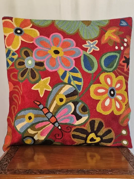 Set of 2 Kashmiri Maroon Dusoot Cotton Cushion Covers - Hand Chain Stitch (18x18)