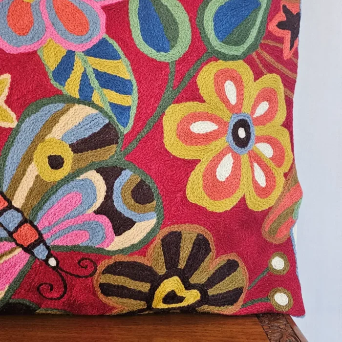 Set of 2 Kashmiri Maroon Dusoot Cotton Cushion Covers - Hand Chain Stitch - Image 3