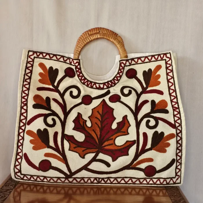 Kashmiri Rectangle Crewel Carry Bag with Wooden Handle - Pahalgam Collection