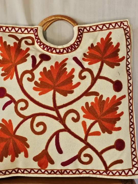 Kashmiri Square Crewel Carry Bag with Wooden Handle - Pahalgam Collection
