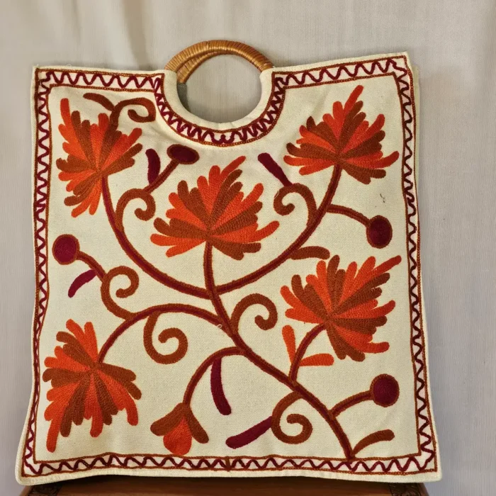 Kashmiri Square Crewel Carry Bag with Wooden Handle - Pahalgam Collection