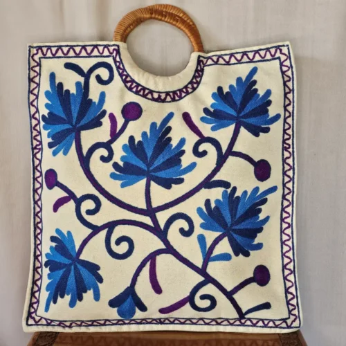 Kashmiri Embroidered Square Crewel Carry Bag with Wooden Handle - Pahalgam Collection