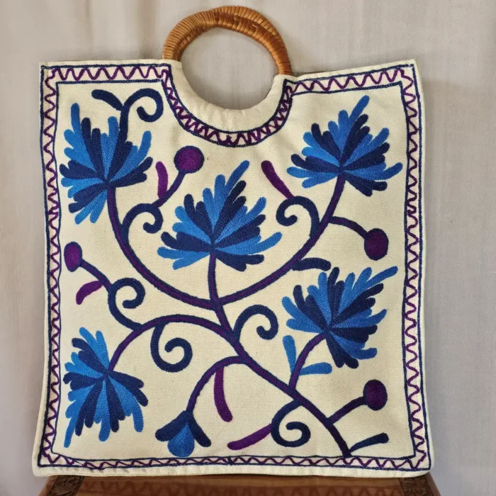 Kashmiri Embroidered Square Crewel Carry Bag with Wooden Handle - Pahalgam Collection
