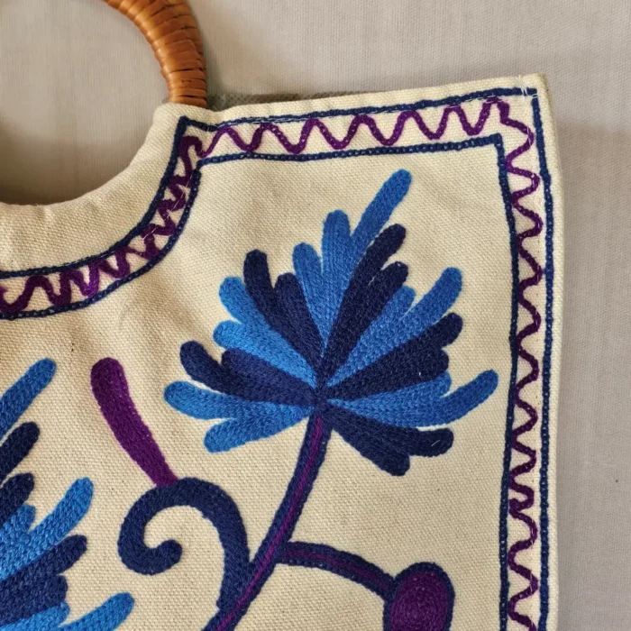 Kashmiri Embroidered Square Crewel Carry Bag with Wooden Handle - Pahalgam Collection - Image 2
