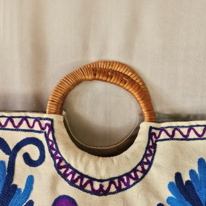 Kashmiri Embroidered Square Crewel Carry Bag with Wooden Handle - Pahalgam Collection - Image 3