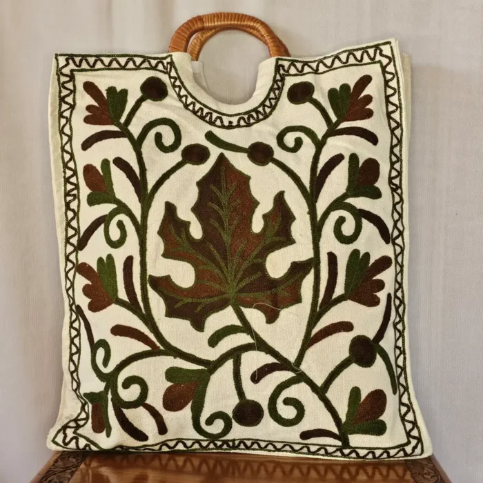 Square Crewel Carry Bag with Wooden Handle from Kashmir - Pahalgam Collection