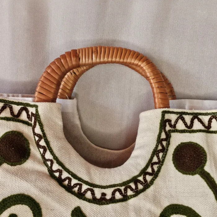 Square Crewel Carry Bag with Wooden Handle from Kashmir - Pahalgam Collection - Image 3