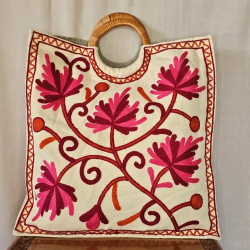 Kashmiri Square Crewel Carry Bag with Wooden Handl - Pahalgam Collection