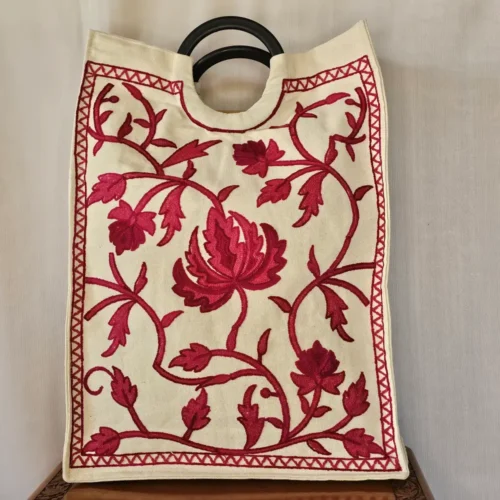 Kashmiri Floral Long Crewel Bag with Sleek Black Handle – Pahalgam Collection