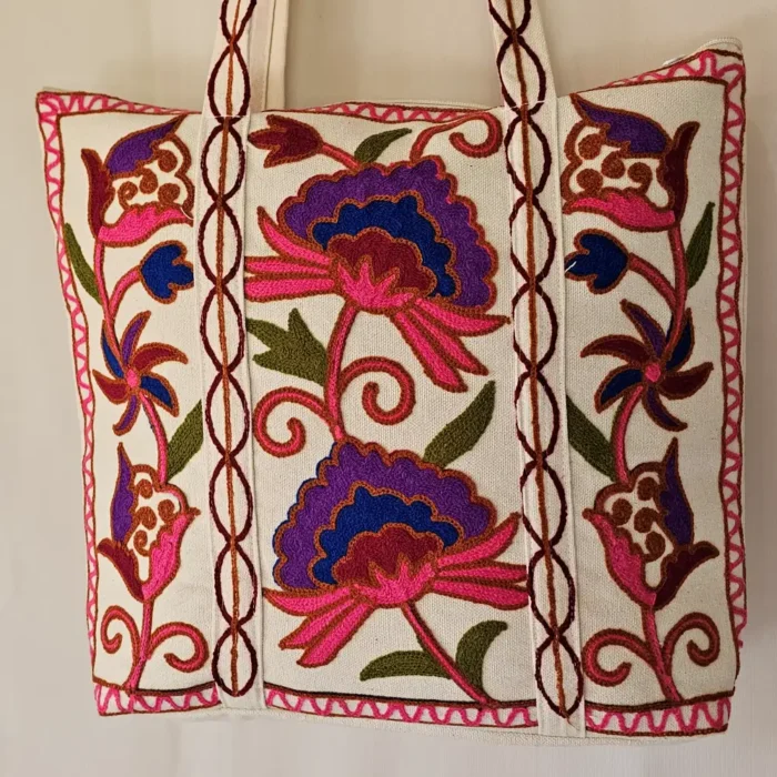 Kashmiri Crewel Embroidered Tote Bag | Shoulder Bag with Floral Embroidery - Pahalgam - Image 2