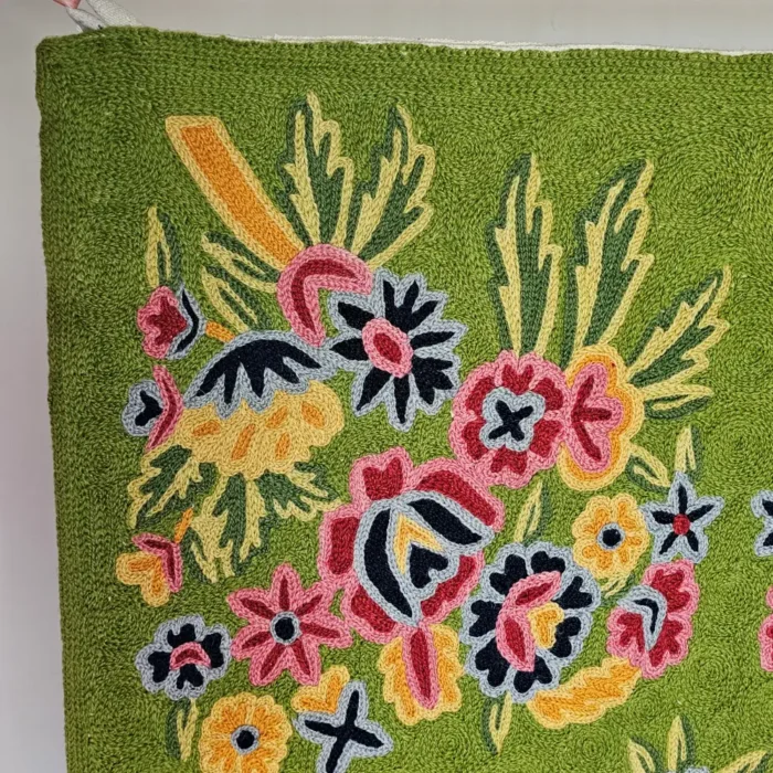 Kashmiri Green Chain Stitch Wall Hanging with Floral Detail - Image 2