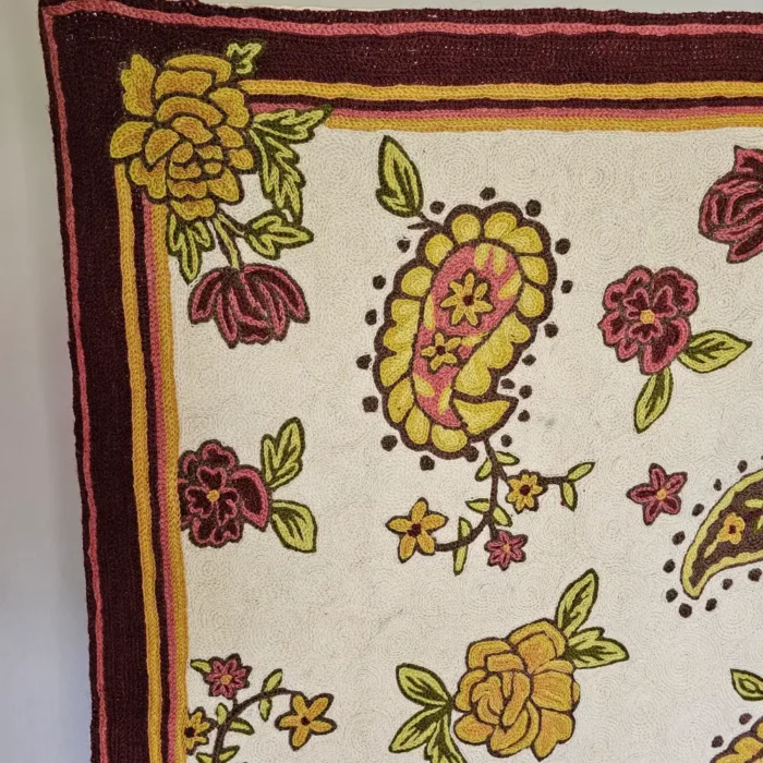 White Kashmiri Hand Chain Stitch Wall Hanging with Badam Motifs - Image 2