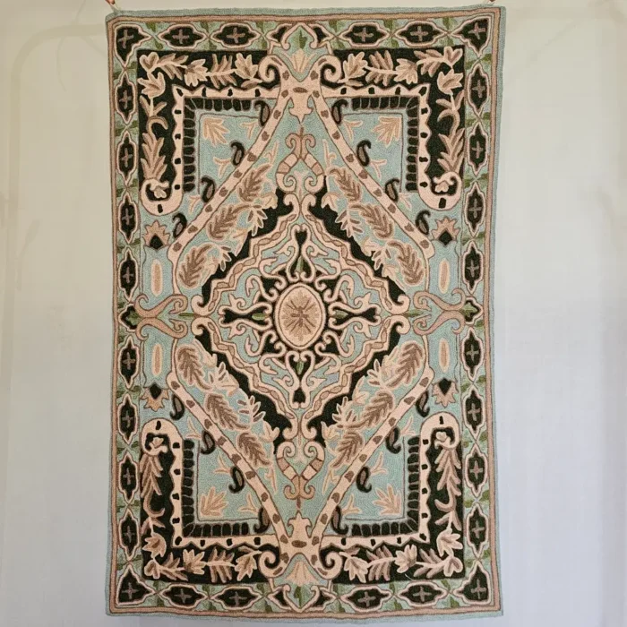 Kashmiri Blue-Green Scenic Wall Hanging in Chain Stitch Embroidery