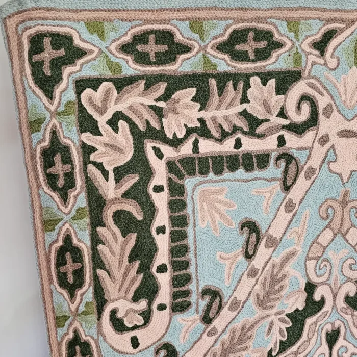 Kashmiri Blue-Green Scenic Wall Hanging in Chain Stitch Embroidery - Image 2
