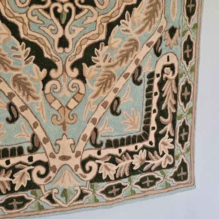 Kashmiri Blue-Green Scenic Wall Hanging in Chain Stitch Embroidery - Image 4