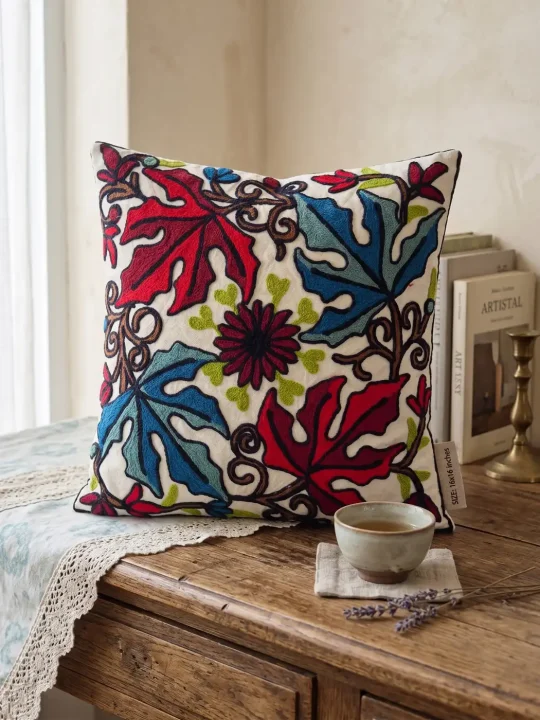 Set of 2 - Kashmiri Cotton Chinar Cushion Cover with Crewel Embroidery | 16x16