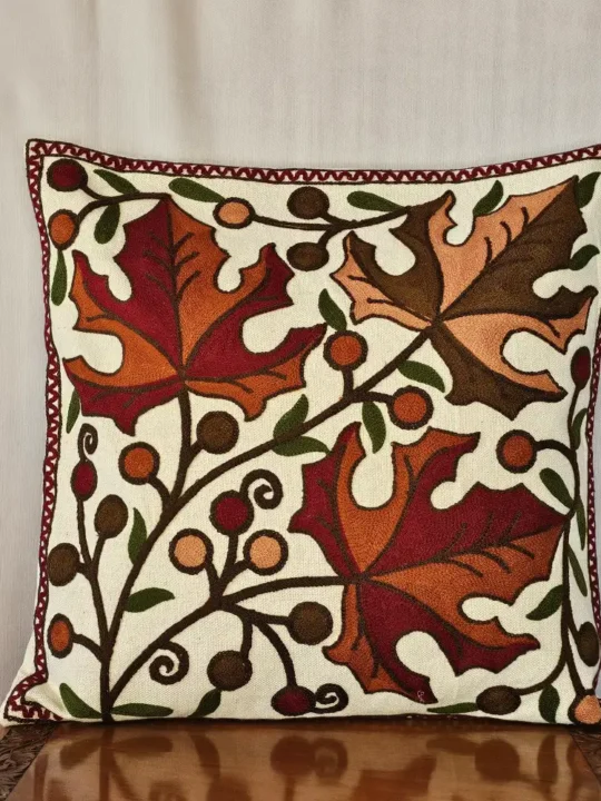 Kashmiri Pair of Chinari Crewel Embroidered Cotton Cushion Cover |16x16