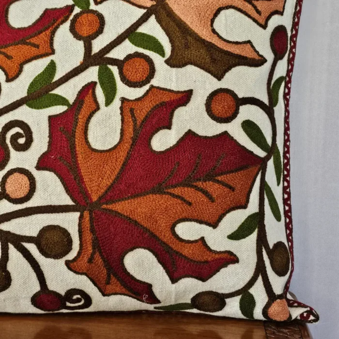Kashmiri Pair of  Chinari Crewel Embroidered Cotton Cushion |16x16 - Image 3