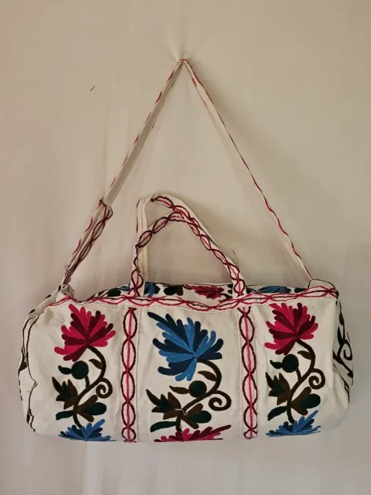 Kashmiri Dholki Handbag with Pink & Blue Crewel Embroidery