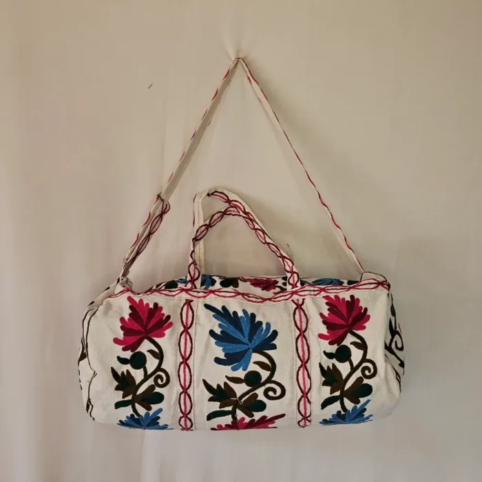 Kashmiri Dholki Handbag with Pink & Blue Crewel Embroidery