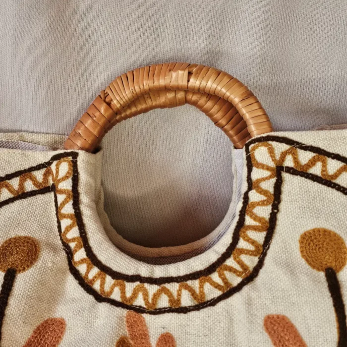 Kashmiri Crewel Embroidered Round Bag with Wooden Handle - Pahalgam Collection - Image 2