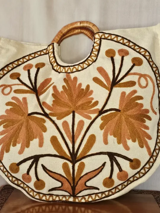 Kashmiri Crewel Embroidered Round Bag with Wooden Handle - Pahalgam Collection
