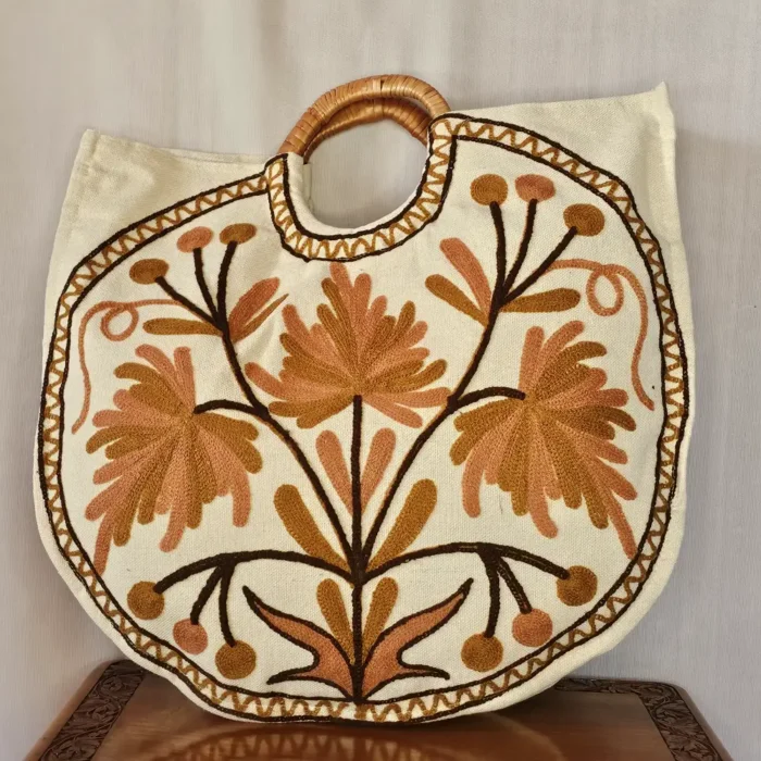 Kashmiri Crewel Embroidered Round Bag with Wooden Handle - Pahalgam Collection