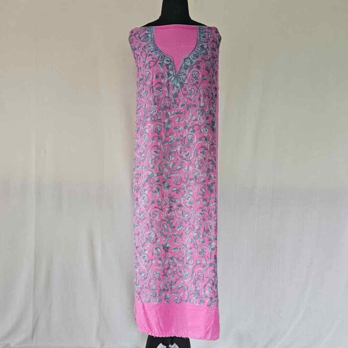 Pinkish Kashmiri Cotton 2PC Unstitched Suit Fabric With All over Jaal Badami Work - Khayam