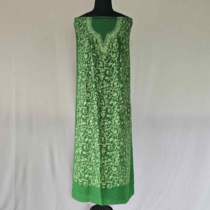 Kashmiri Cotton 2PC Green Unstitched Suit Fabric With All over Jaal Badami Work - Khayam